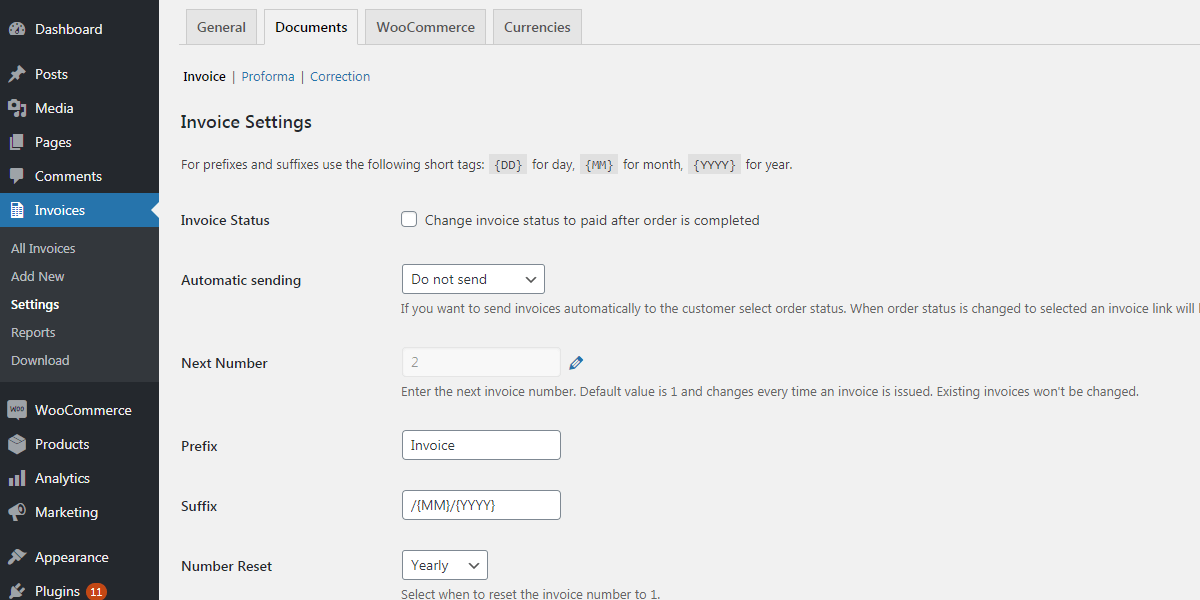 Flexible PDF Invoices Settings