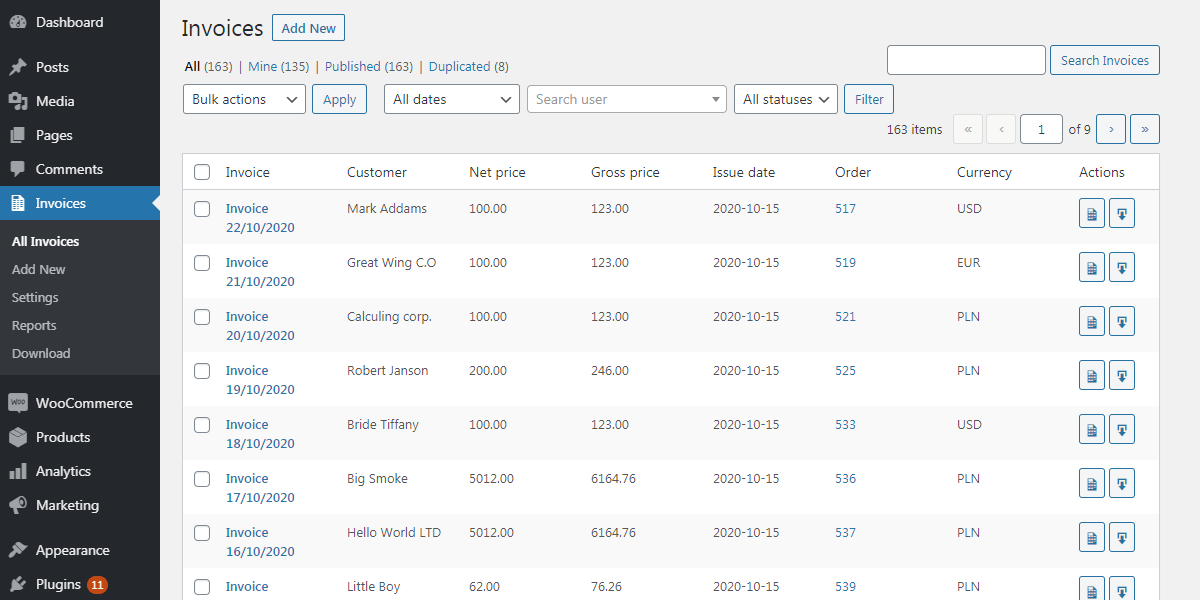 PDF Invoices - WooCommerce Invoice List