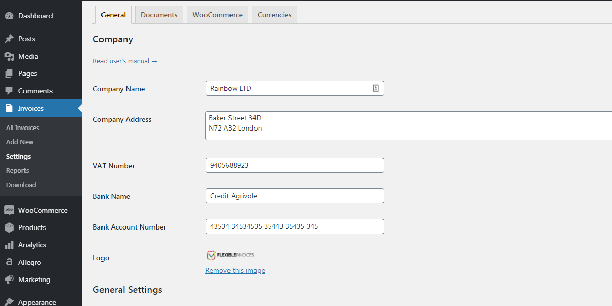 Flexible PDF Invoices Main Settings