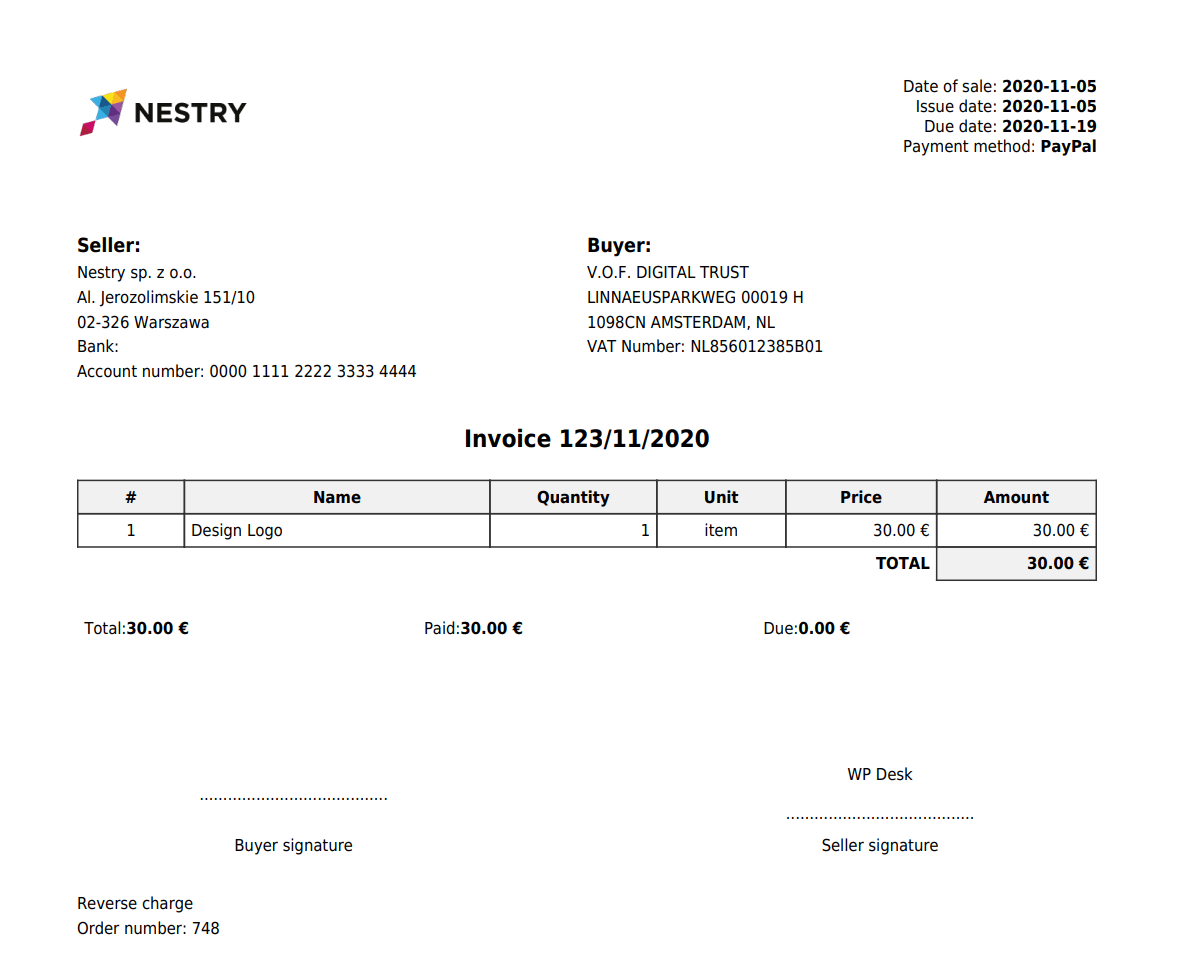 Create, download, email & print an invoice in WordPress & WooCommerce Inside European Invoice Template