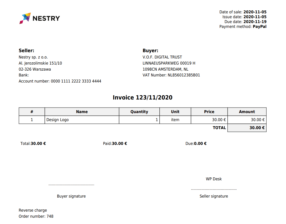 Flexible PDF Invoices Woocommerce EU Vat Invoice Reverse Charge