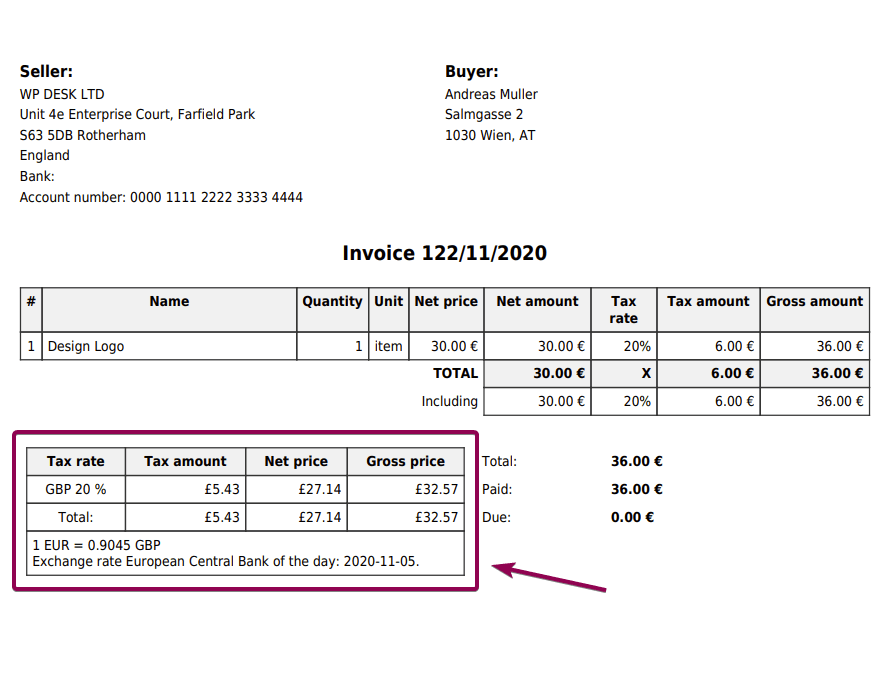 Flexible PDF Invoices Currency Exchange Conversion Table