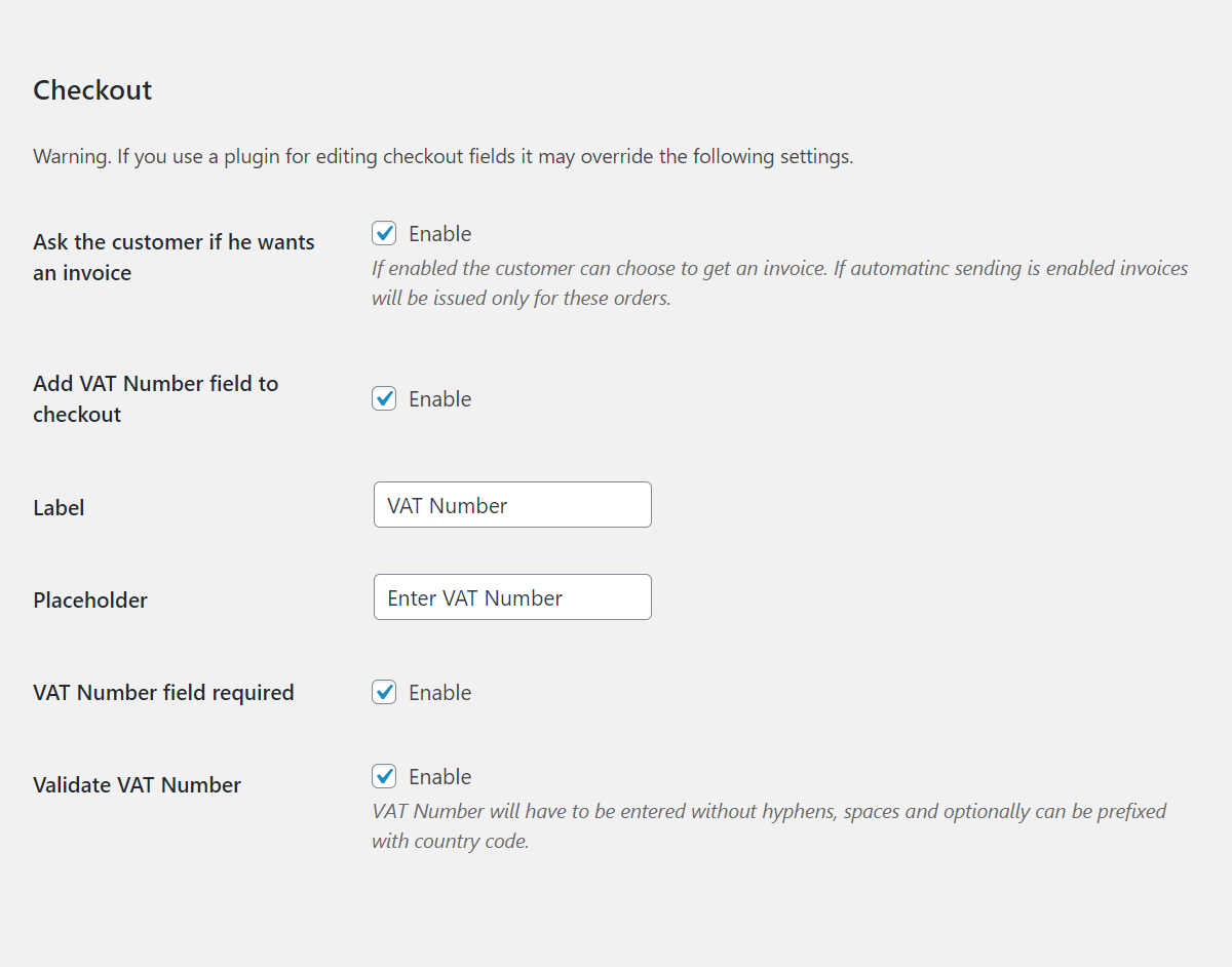 Flexible PDF Invoices Woocommerce Checkout Settings