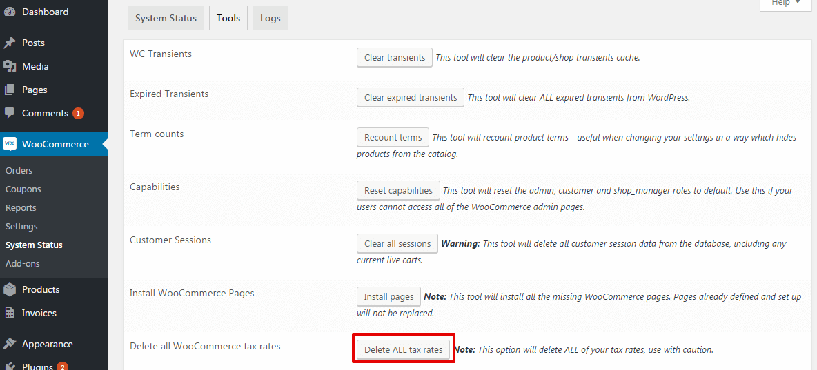 Woocommerce Standard Tax Rate Remove All