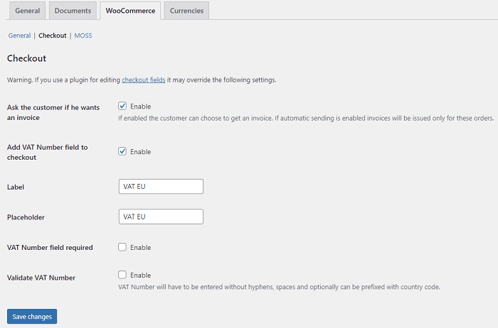Flexible Invoices Woocommerce Checkout Settings