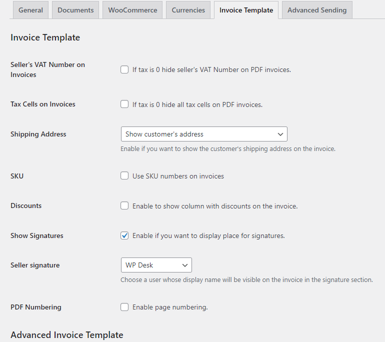 Woocommerce Invoice Template Settings