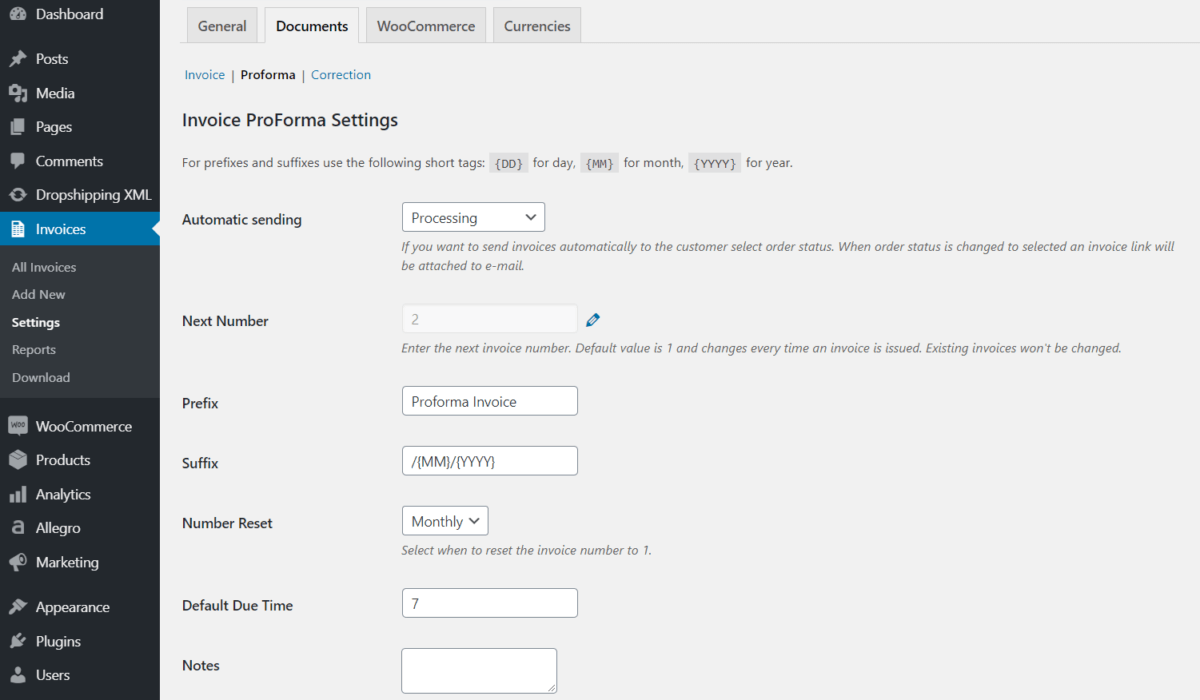 Proforma settings