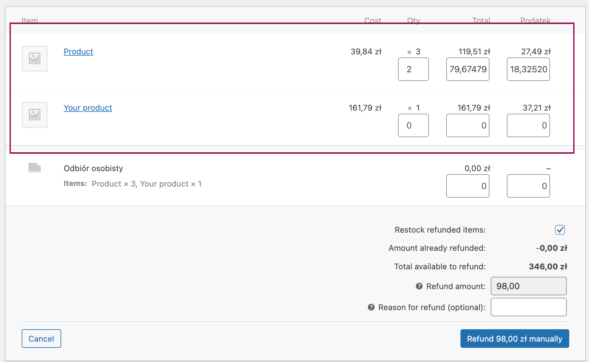 refunding part of an invoice