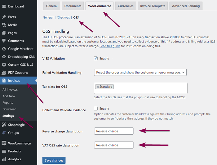 Reverse Charge Plugin Settings