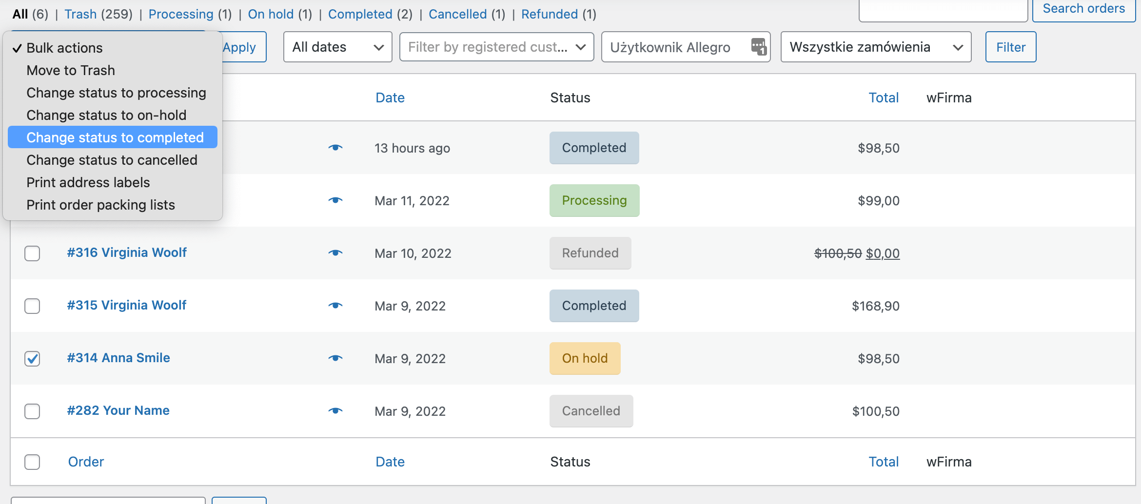 Bulk actions in WooCommerce