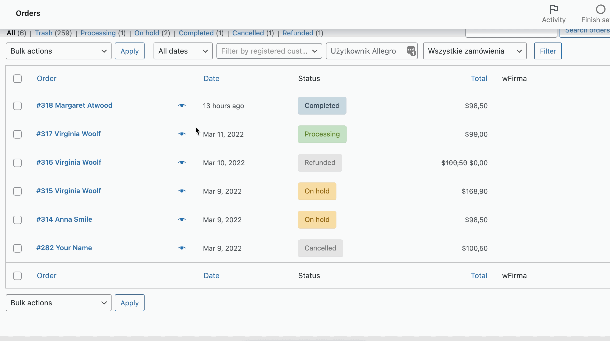 Change order status in WooCommerce Order Manager