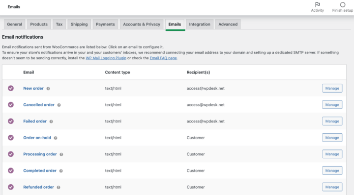 manage emails in WooComerce