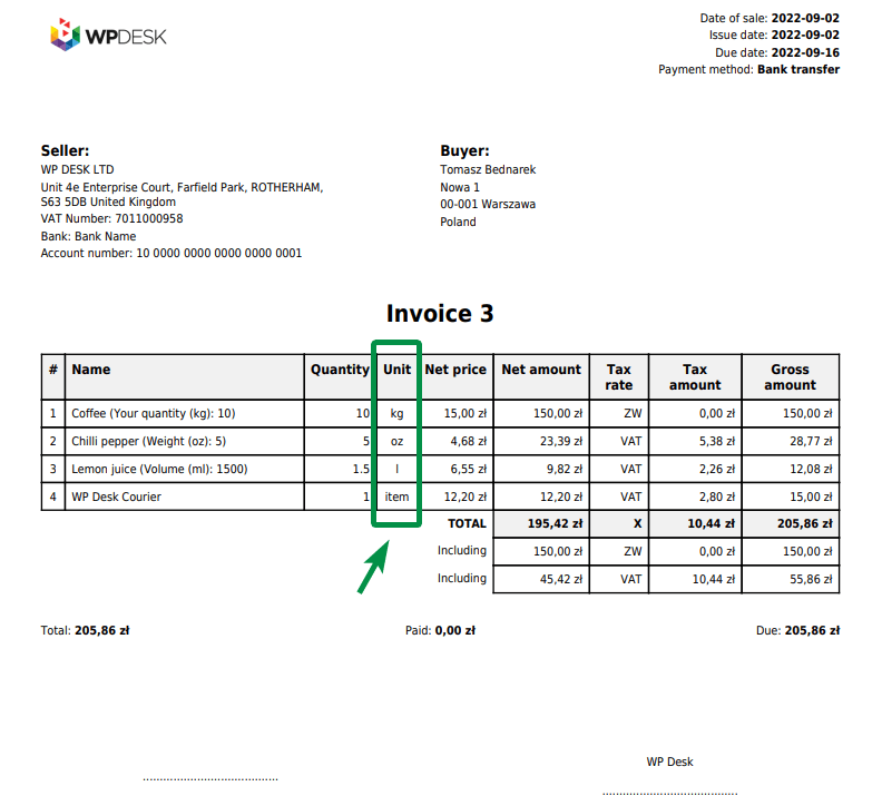 Invoice With New Units Of Measure In Woocommerce