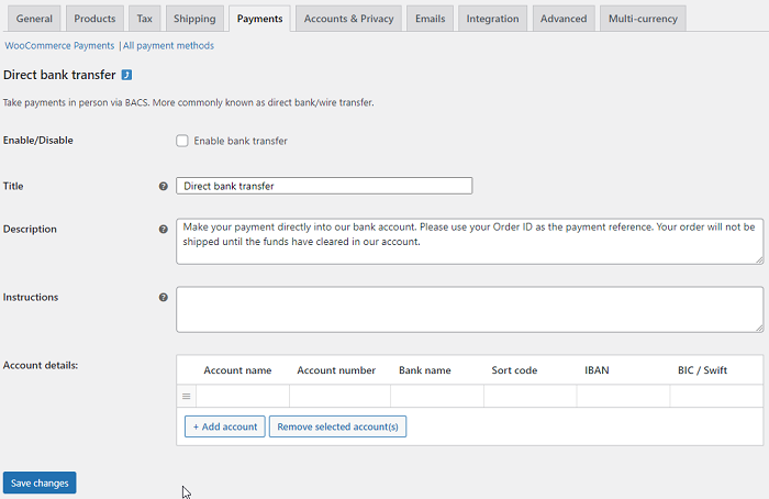 Direct Bank Transfer WooCommerce Payment method