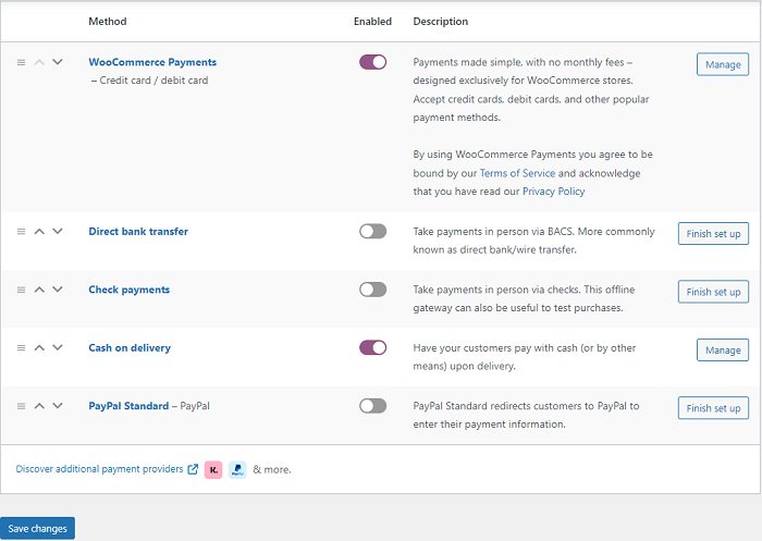 Payment methods and options