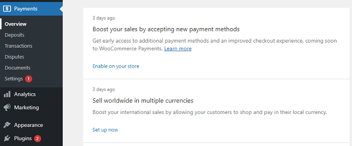 Woocommerce Payments Overview Settings