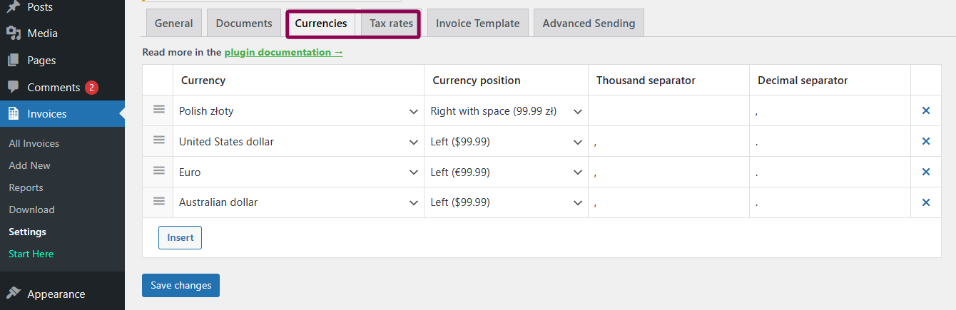 Currencies and tax rates settings