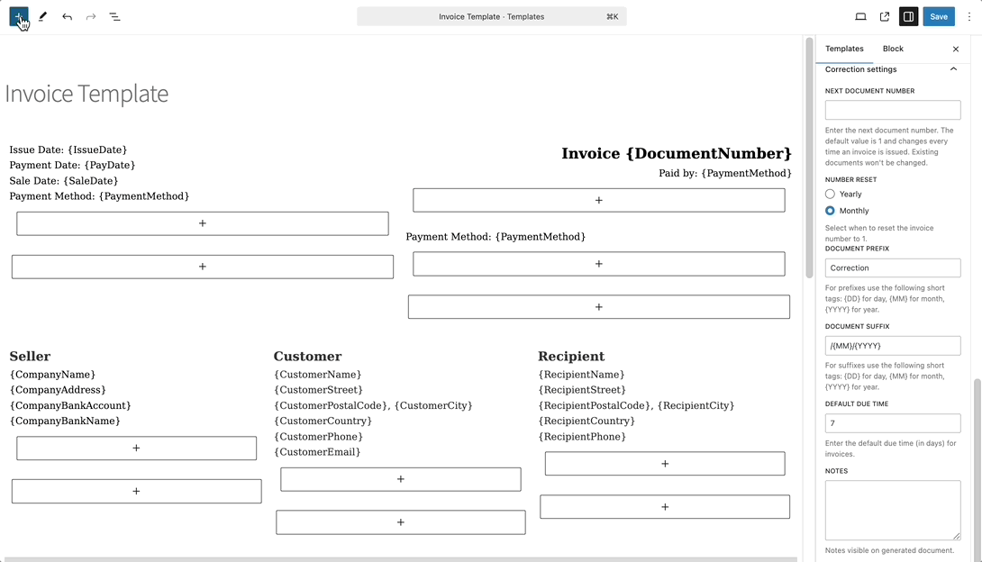Adding new blocks to the invoice template