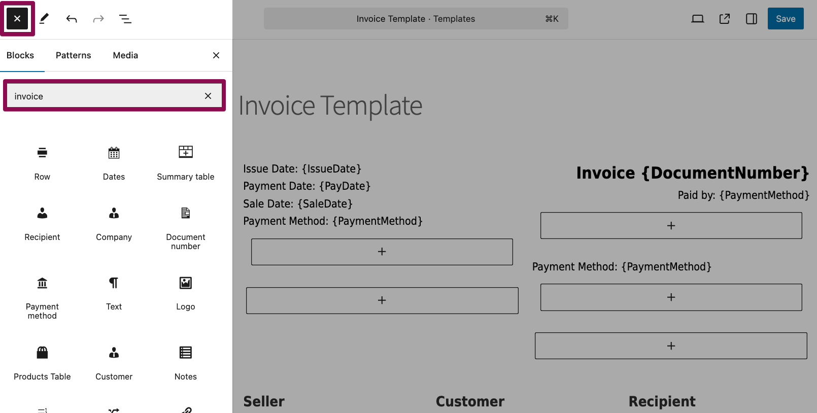 Gutenberg invoice template editor with Flexible Invoices