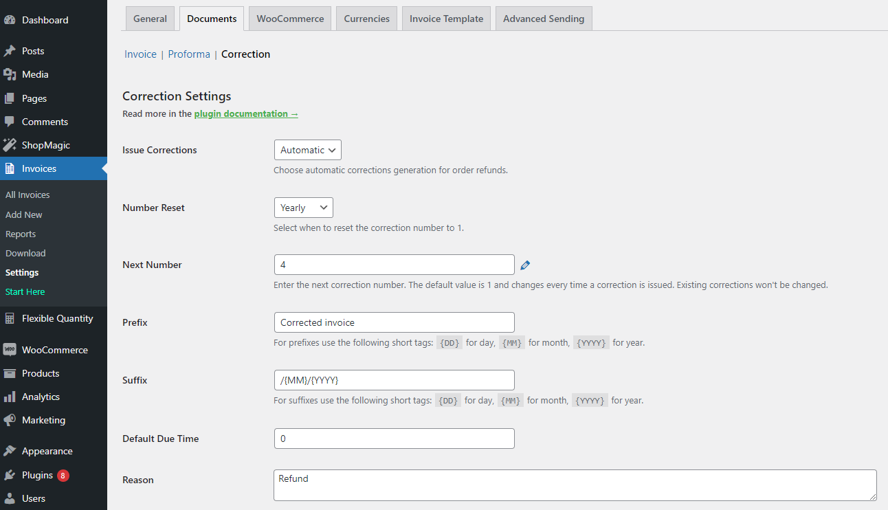 Correction Settings - Flexible Invoices
