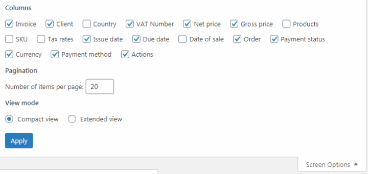Flexible Invoices Advanced Filters Screen Options