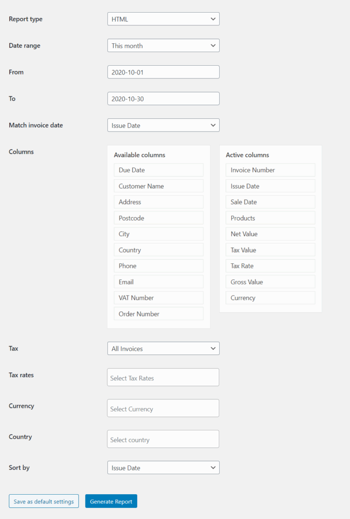 Flexible Invoices Advanced Reports Settings
