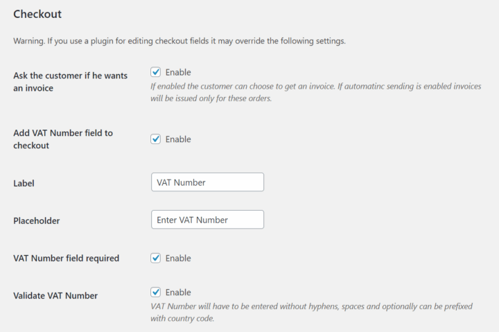 Flexible Invoices Woocommerce Checkout Settings