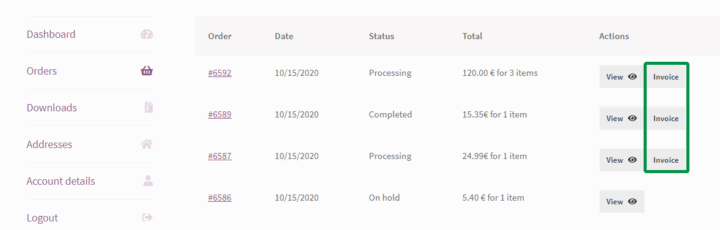 Flexible Invoices Woocommerce My Account Invoice