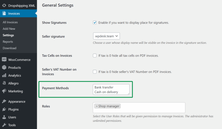 Flexible Invoices Woocommerce Payment Methods Settings