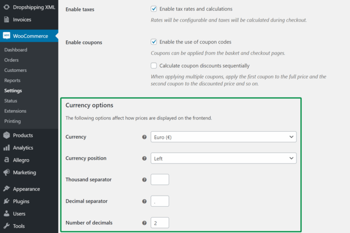 Flexible Invoices Woocommerce Settings Currencies