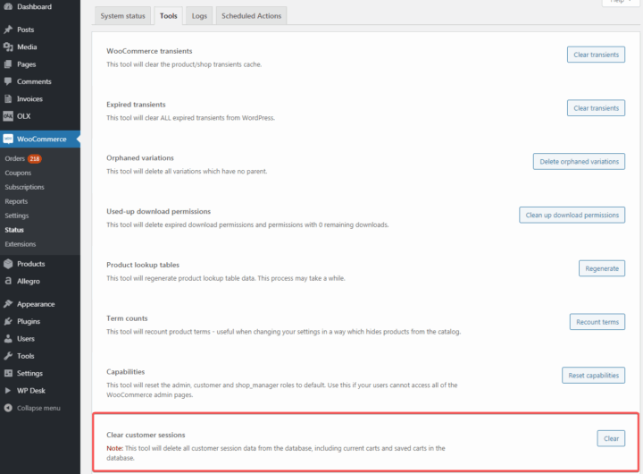 Woocommerce Clear Customer Sessions