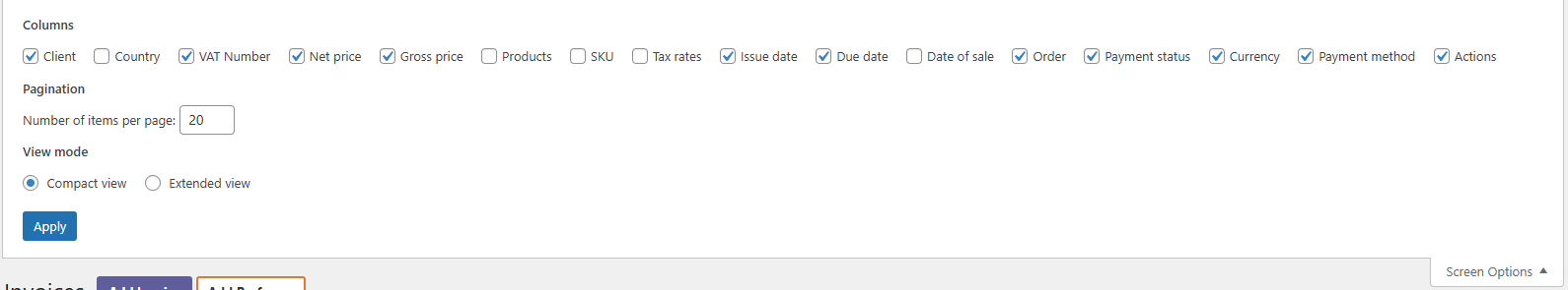 Flexible Invoices Advanced Filters Screen Options